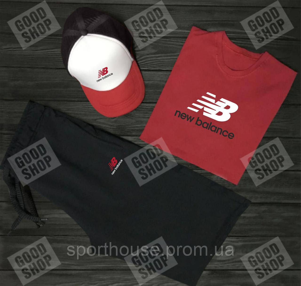 Чоловічий комплект футболка, кепка і шорти New Balance червоного, чорного і білого кольору (люкс) S