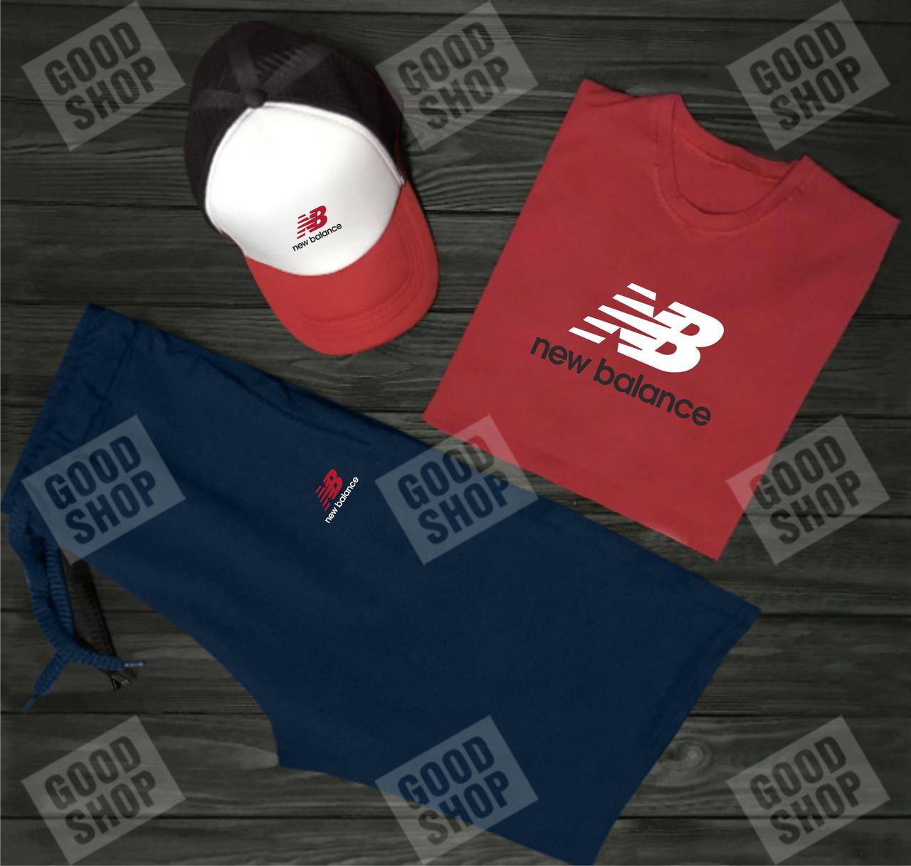 Чоловічий комплект футболка, кепка і шорти New Balance синього, червоного і білого кольору (люкс) S