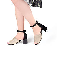 Элегантные кожаные женские босоножки 35-36 Woman's heel вечерние золотистые на широком каблуке
