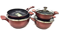 Набір посуду Benson з мармуровим антипригарним покриттям 7 предметів 3 каструлі, 1 сковорідка Червоний