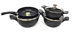 Набір посуду Benson з мармуровим антипригарним покриттям 7 предметів, 3 каструлі, 1 сковорідка Чорний