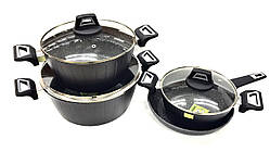 Набір посуду Benson з мармуровим антипригарним покриттям 7 предметів 3 каструлі, 1 сковорідка Чорний