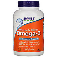 ОРИГІНАЛ!Омега-3 Omega-3 Риб'ячий жир Now Foods 180 EPA/120 DHA для серцево-судинної системи 200 капсул із США