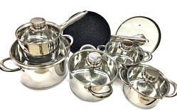 Набір каструль з нержавіючої сталі Benson 12 предметів 5 шарове дно, 5 каструлі, 1 сотейник, 1 сковродка