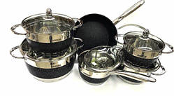 Набір каструль з нержавіючої сталі Benson 12 предметів 5 шарове дно, 5 каструлі, 1 сотейник, 1 сковродка