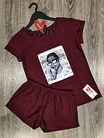Вишневий комплект футболки та шорти зі стильним малюнком 609-8.