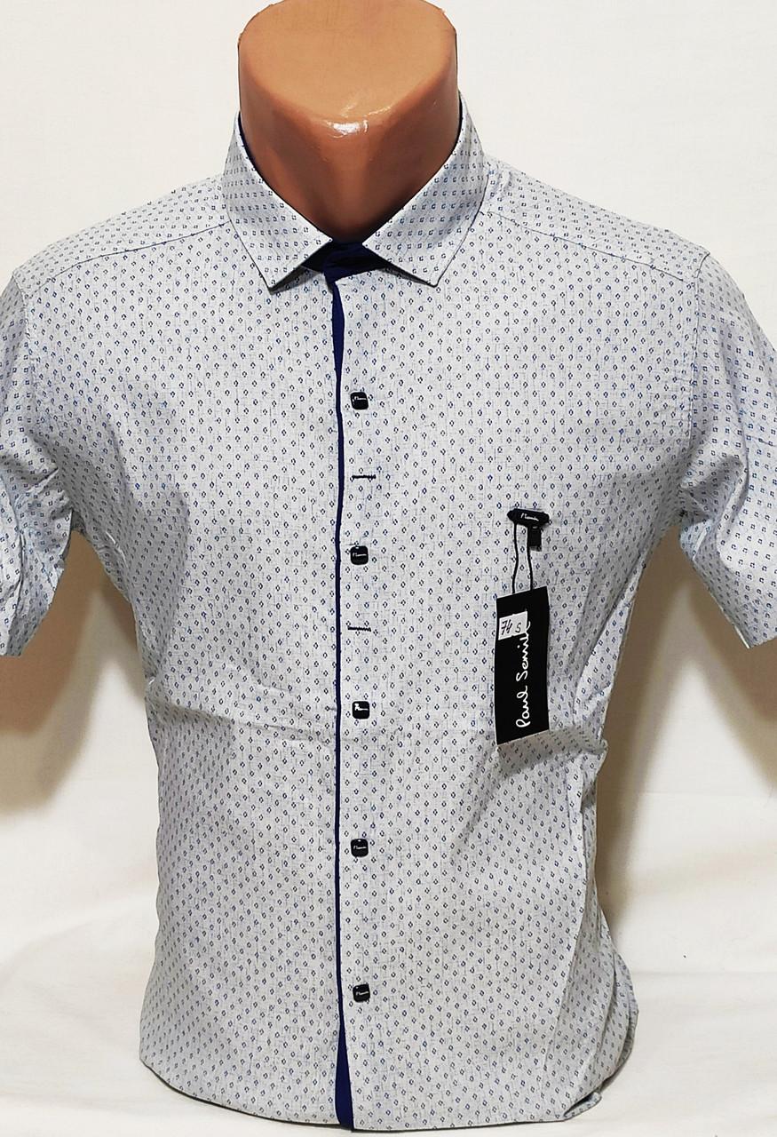 Сорочка чоловіча з коротким рукавом vk-0074 Paul Smith світло-сіра в візерунок приталені стрейч коттон