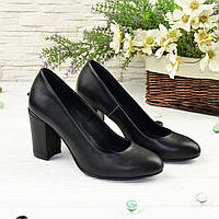 Туфли женские кожаные классические на устойчивом каблуке, цвет черный