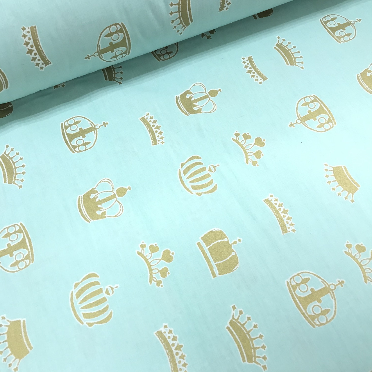 Тканина поплін корони золотисті (глітер) на м'ятному (ТУРЦІЯ шир. 2,4 м) (R-FR-0124), фото 1