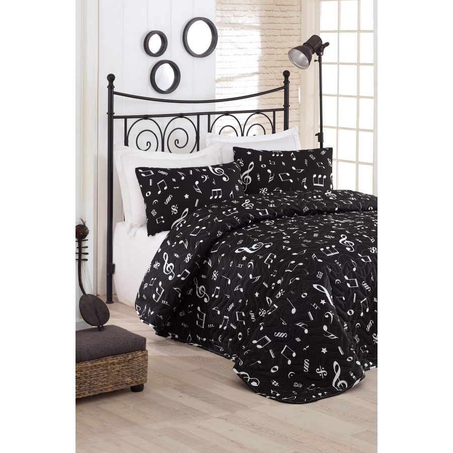 Покривало стьобане з наволочками Eponj Home B&W - Melodiy siyah чорний 200*220