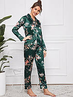 Пижама женская атласная на пуговицах. Комплект шелковый для дома, сна с длинным рукавом (зеленый) XL