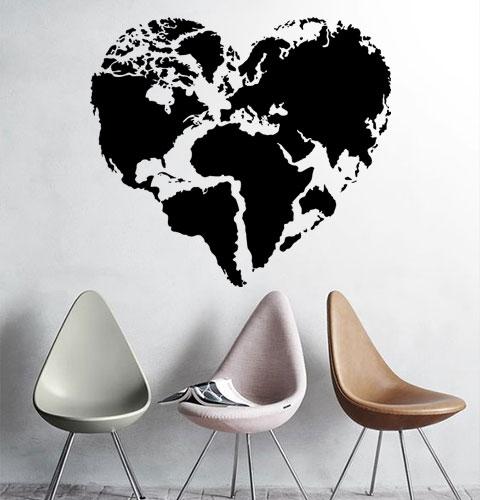 Наклейка на стіну Карта світу серцем (карта сердечком, любов до подорожей)