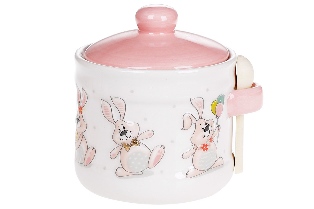 Банка з дерев'яною ложкою керамічна з об'ємним малюнком Веселий кролик ТОВАР ВІД ВИРОБНИКА