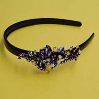 Обруч для волосся, чорний пластик, сріблястий метал, стрази, ширина 12 мм