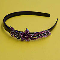 Обруч для волосся, чорний пластик, сріблястий метал, рожеві стрази