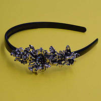 Обруч для волосся, чорний пластик, сріблястий метал, стрази, ширина 12 мм