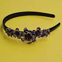 Обруч для волосся, чорний пластик, сріблястий метал, бузкові стрази