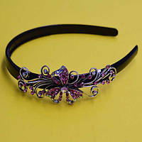 Обруч для волосся, чорний пластик, сріблястий метал, рожеві або бузкові стрази, ширина 12 мм