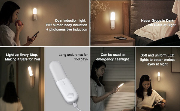 Портативный светильник ночник с встроенным аккумулятором Baseus Sunshine series human body Induction aisle light