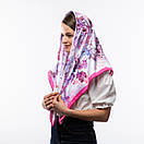 Атласна хустка з квітковим принтом 90х90см Рожева, фото 2