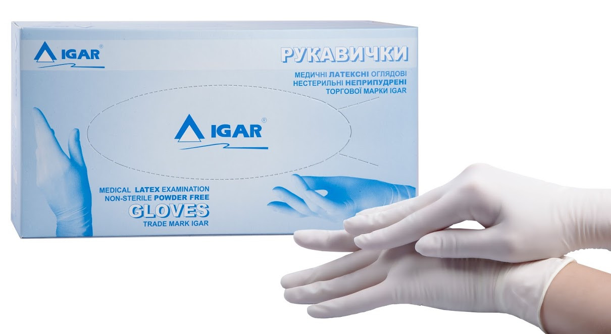 Рукавички медичні латексні оглядові нестерильні неопудрені торгової марки IGAR
