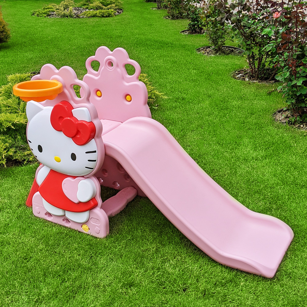 Дитяча пластикова гірка Hello Kitty з баскетбольним кільцем та м'ячем HK2018-1A | Гірка для дітей Хелло Кітті