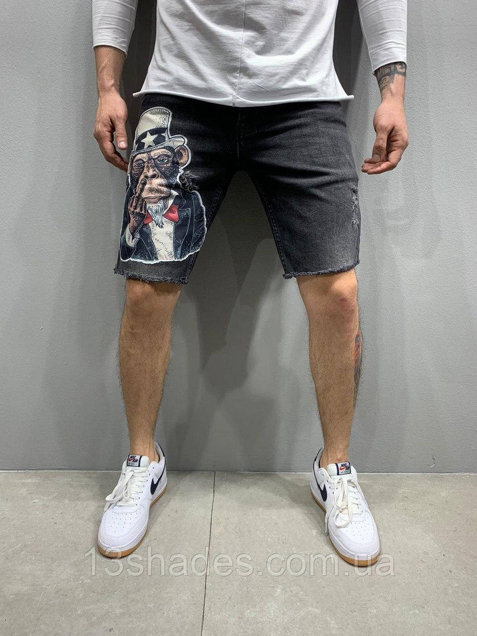 Шорти чоловічі джинсові рванки з нашивкою Slim Fit чорний Київ, фото 1