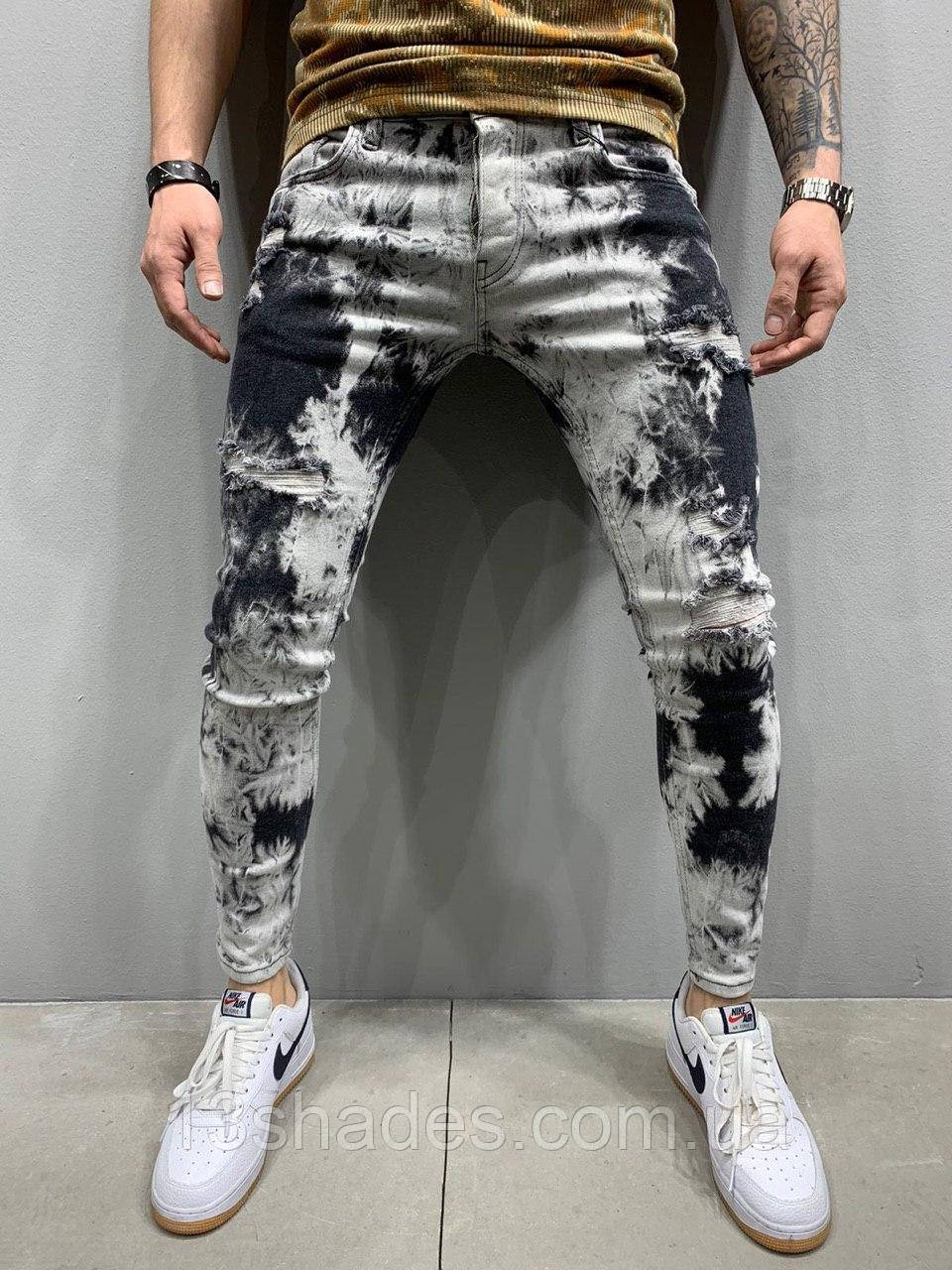 Джинси чоловічі вузькі рванки варенки Slim Fit слім фіт білі з чорним Київ