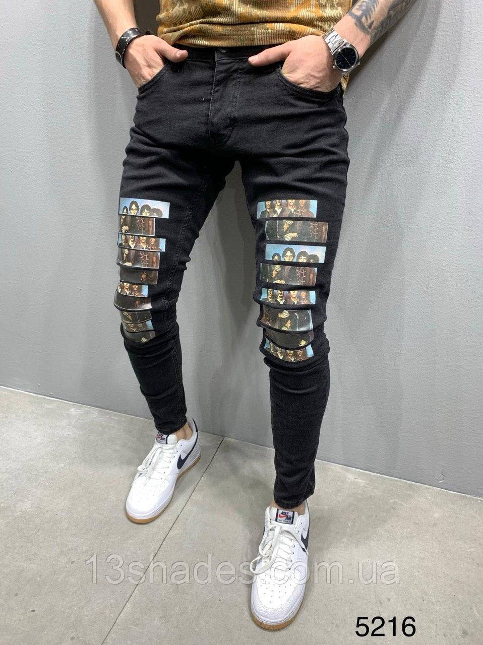 Джинси чоловічі вузькі рванки з нашивкою Slim Fit слім фіт чорний Київ, фото 1