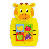 Настенная развивающая игрушка бизиборд головоломка Viga Toys Жираф пазл с фруктами, желтый