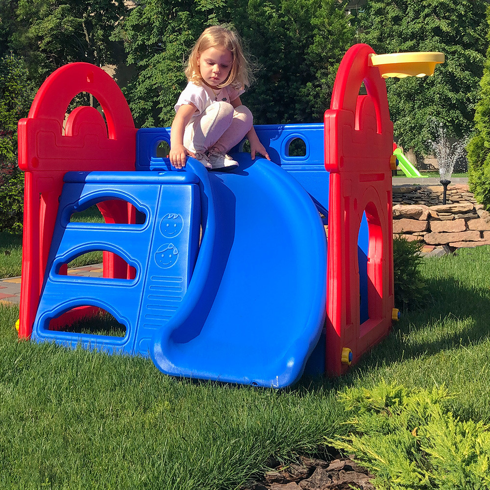 Дитяча пластикова гірка будиночок із баскетбольним кільцем Little slide M 5401-3-4 Синьо-червона | Гірка для дітей