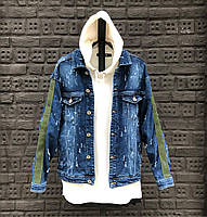 Джинсова куртка джинсовка рванка рукавиця із зеленими лампасами на рукавах синій Київ