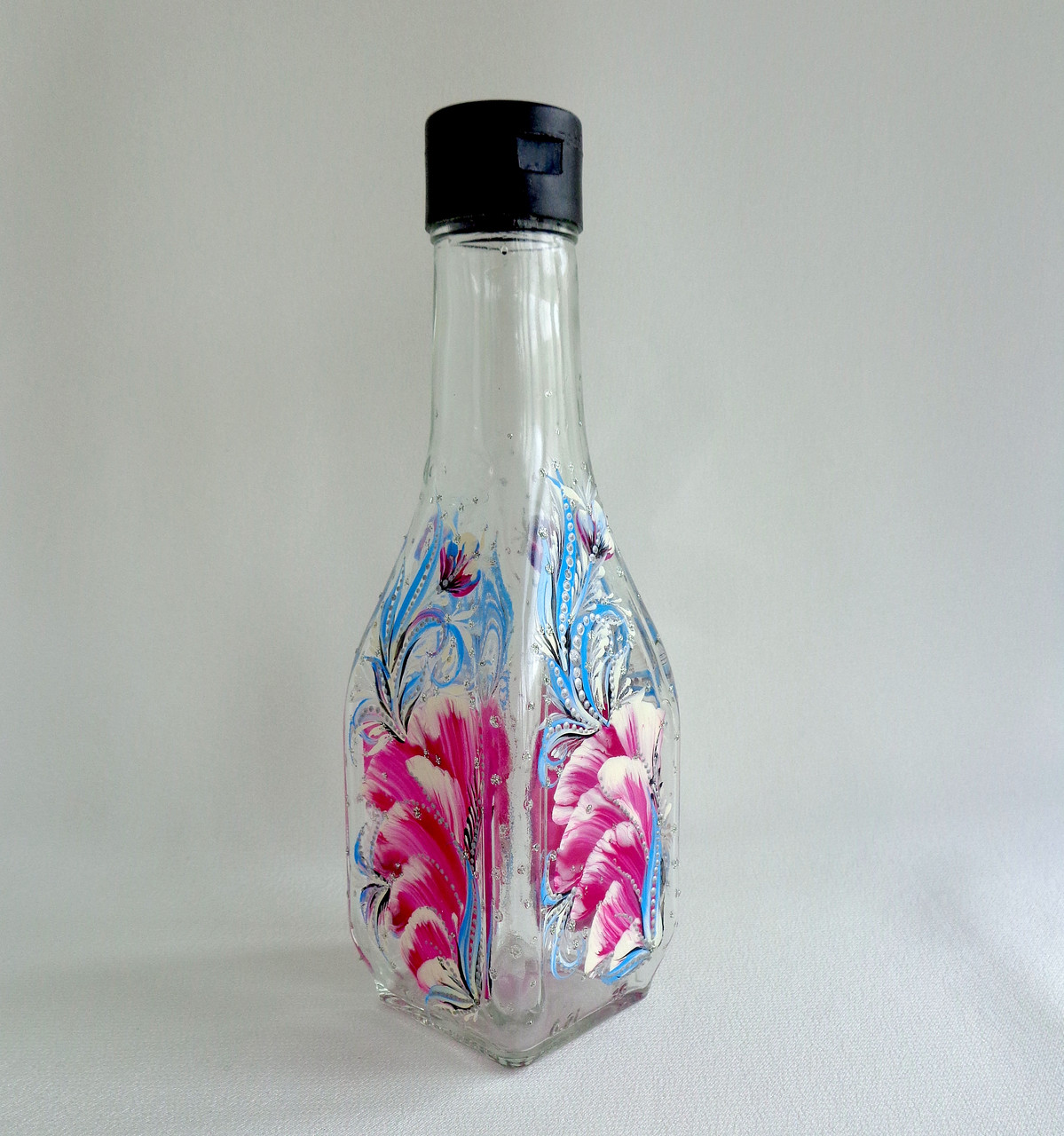 Декоративна пляшка з авторським розписом "Рожеве пір'їнка"