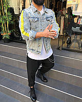 Джинсова куртка джинсовка рванка рукавиця з жовтими лампасами на рукавах блакитний Київ