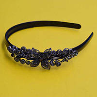 Обруч для волосся, чорний пластик, сріблястий метал, стрази в асортименті, ширина 12 мм