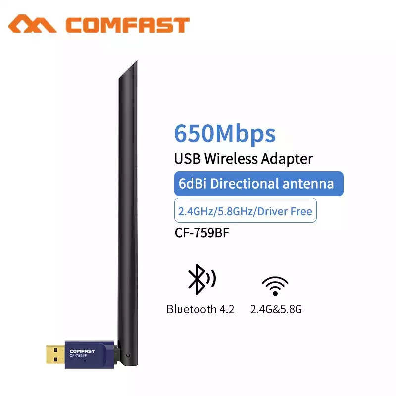 Comfast CF-759BF WiFi AC 2.4/5.8Ghz 650Mbps + Bluetooth 4.2 USB адаптер, потужна антена 6dbi