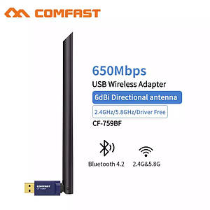 Comfast CF-759BF WiFi AC 2.4/5.8Ghz 650Mbps + Bluetooth 4.2 USB адаптер, потужна антена 6dbi