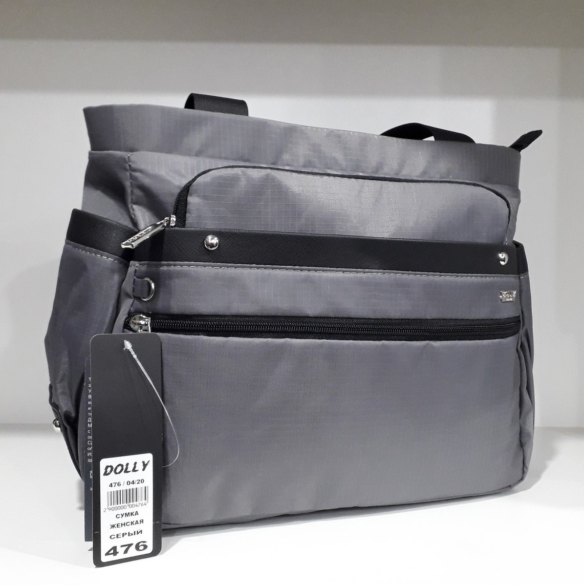 Сумка жіноча тканинна сіра на плече з двома ручками та трьома кишенями для документів модна Dolly 476