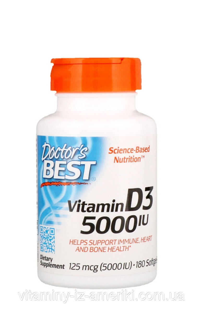 Вітамін Д3 для дорослих у капсулах, Vitamin D3, 5000 МО, Doctor's Best,180 капсул
