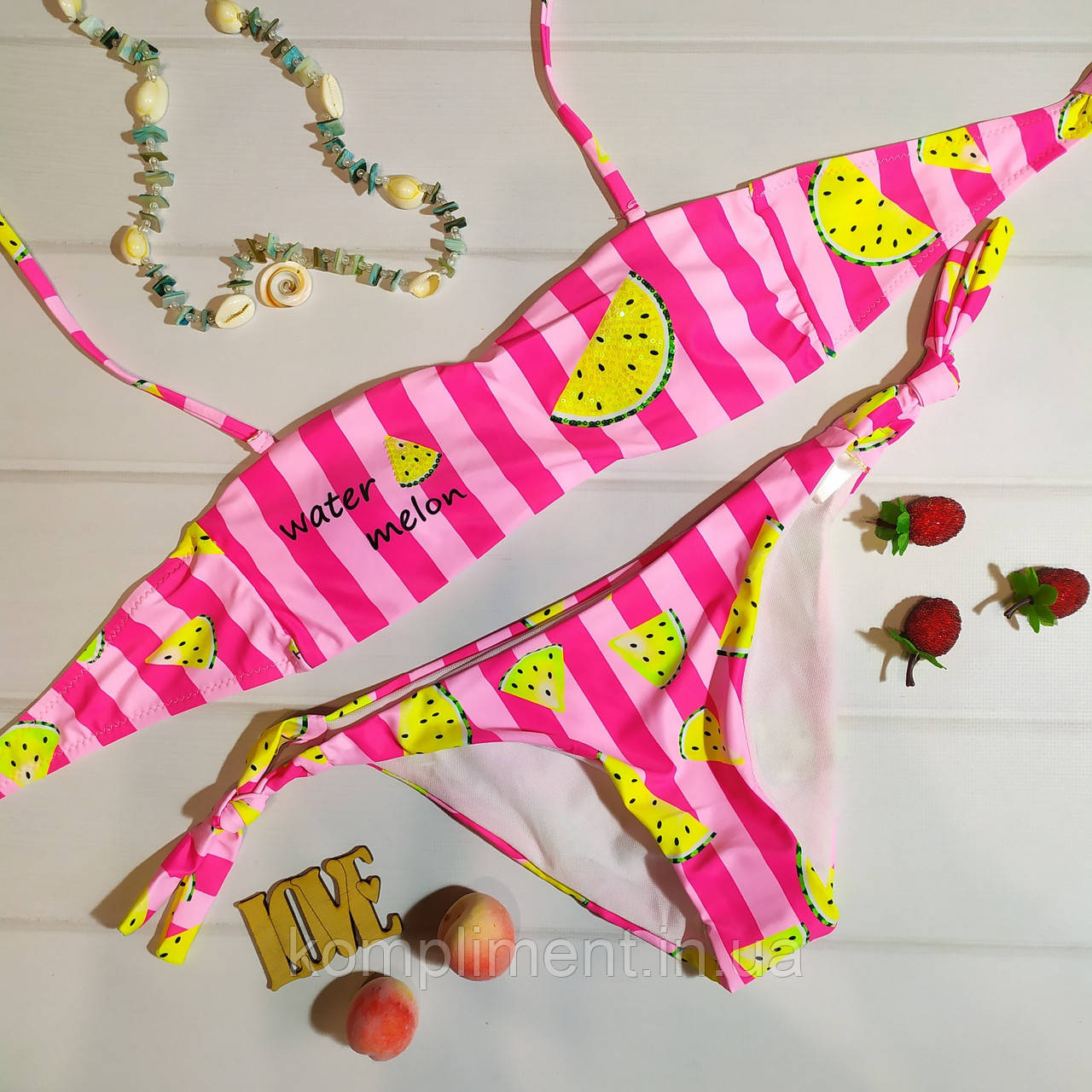 Річний роздільний купальник для підлітка в смужку з кавуном, рожевий
