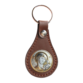 Брелок шкіряний з іконою Казанська55атер срібний зі позолотою