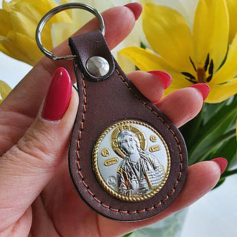 Брелок шкіряний з іконою Спасителя срібна з позолотою