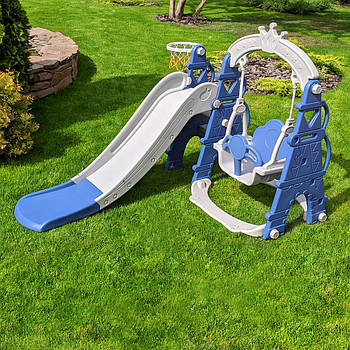 Гірка з гойдалкою Bambi CASTLE-4 та баскетбольним кільцем | Гірка з качалкою Замок Сіро-синя