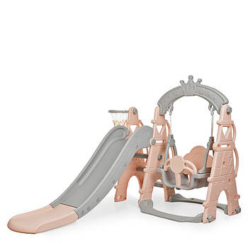 Гірка з гойдалкою Bambi CASTLE-8 та баскетбольним кільцем | Гірка з гойдалкою Замок Сіро-рожева