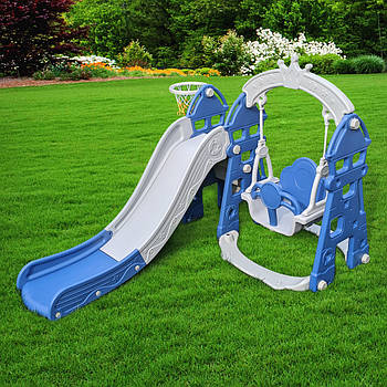 Гірка з гойдалкою Bambi HOUSE-4 та баскетбольним кільцем | Гірка з качалкою Дім Сіро-синя