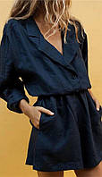 Льняной женский костюм из льна : шорты и рубаха-пиджак с V-образным вырезом
