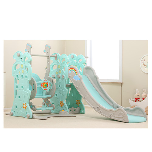 Гірка з гойдалкою Bambi WM19010-5 та баскетбольним кільцем | Гірка з качалкою Краб музика та світло Сіро-м'ятна