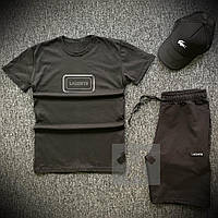 Шорти футболка і кепка Lacoste чорного кольору 3 в 1 (Чоловічий літній спортивний костюм Лакост) розміри 44-52