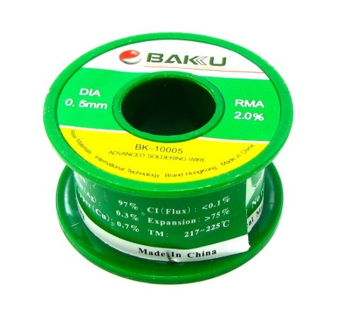 Припій BAKU BK-10005 (0.5 мм, 50 гр, Sn 97%, Ag 0.3%, Cu 0.7%, rma 2%)