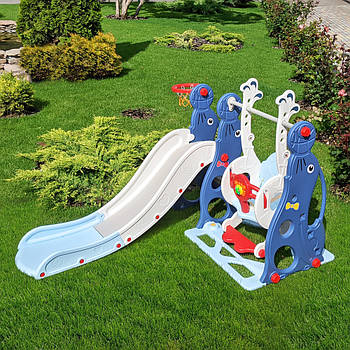 Гірка з гойдалкою Bambi WM19020-4 та баскетбольним кільцем | музика та світло Біло-синя Гірка з гойдалкою